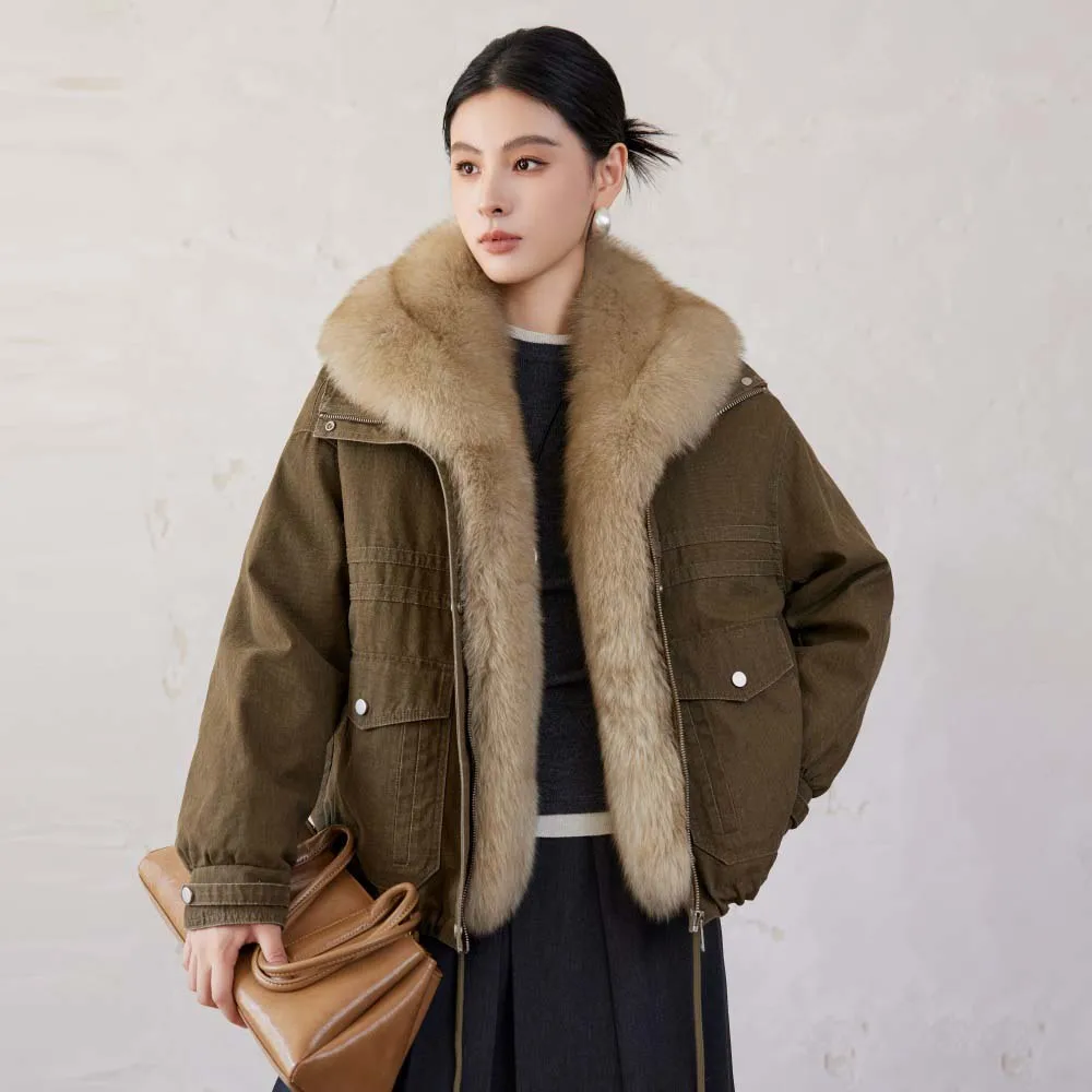 

2025 Womens Black Trim Parka Jacket Warm Fox fur collar goose down jacket for winter Coat Luxurious Large Fur Collar Outerwear