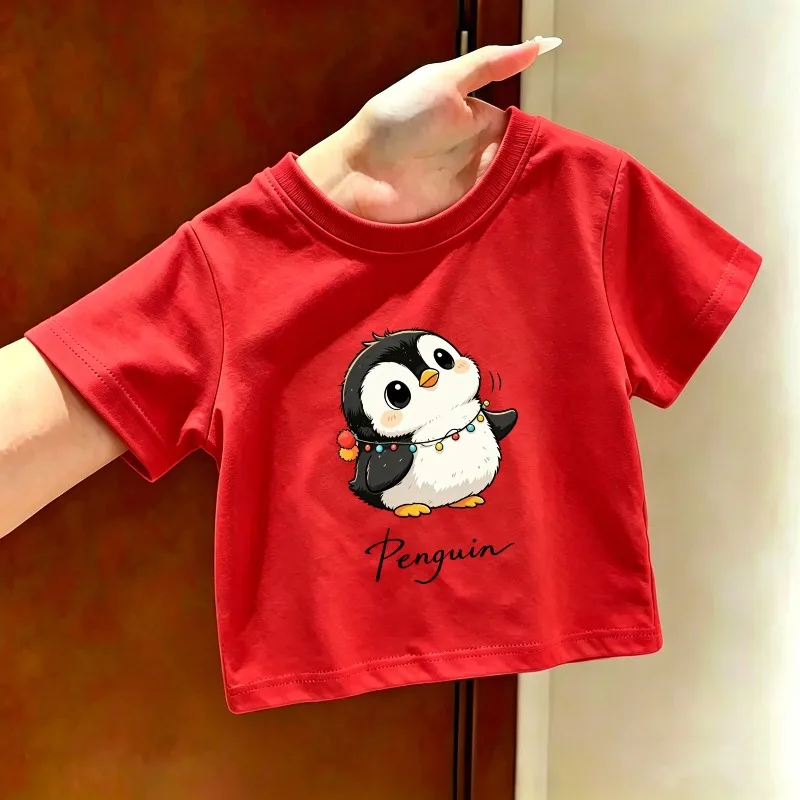 Cartoon Style Penguin Print Children's T-shirt New Fashion Trend Soft Skin Friendly Round Neck Parent-child Casual T-shirt