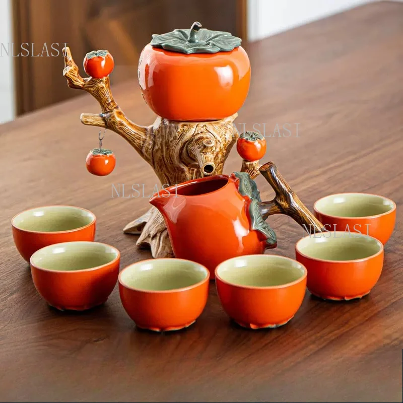 Creative Persimmon Shape Ceramic Tea Set with Tree Branch Stand 1 Teapot 6 Cups Automatic Tea Maker for Kung Fu Tea and Gift