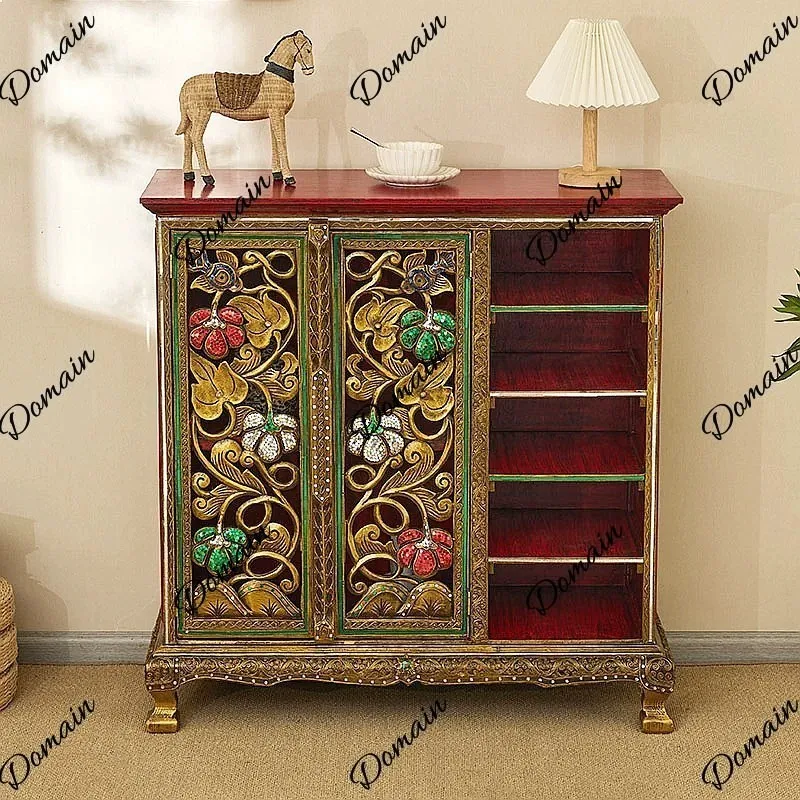 Thai Solid Wood Shoe Cabinet Vintage Carved Entryway Table Southeast Asian Style Hallway Storage