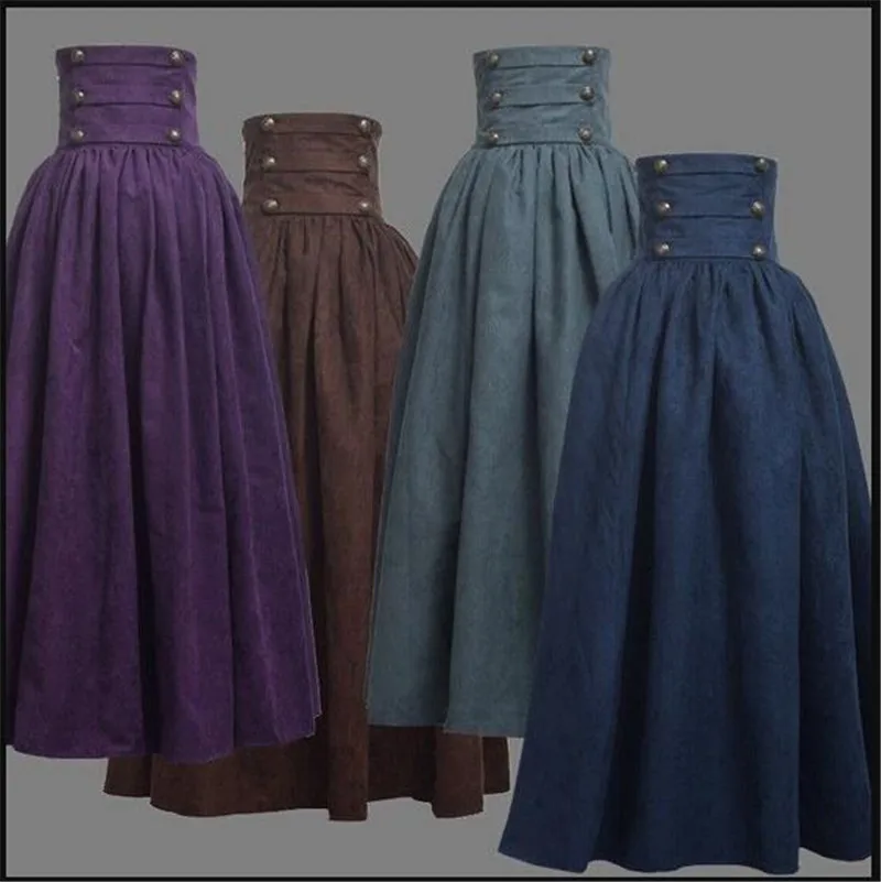 

New Woman Medieval Elegant Skirt Solid Hight Waist Middle Ages Renaissance Costumes Vintage Swing Pleated Skirts Knee Length