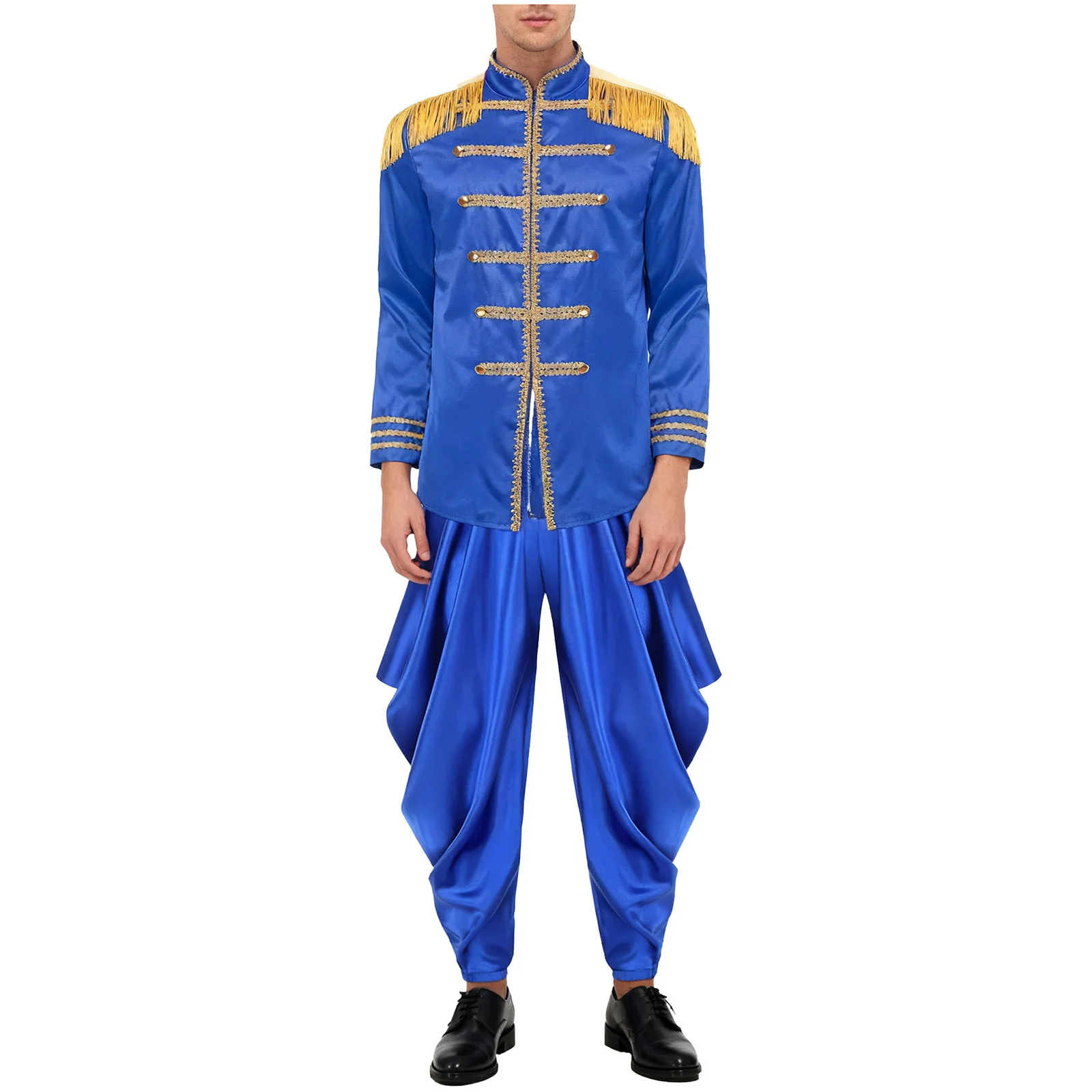 Men Long Sleeve Retro Gold Trims Satin Jacket with Baggy Harem Pants Halloween Carnival Theme Party Arab Prince Cosplay Costume