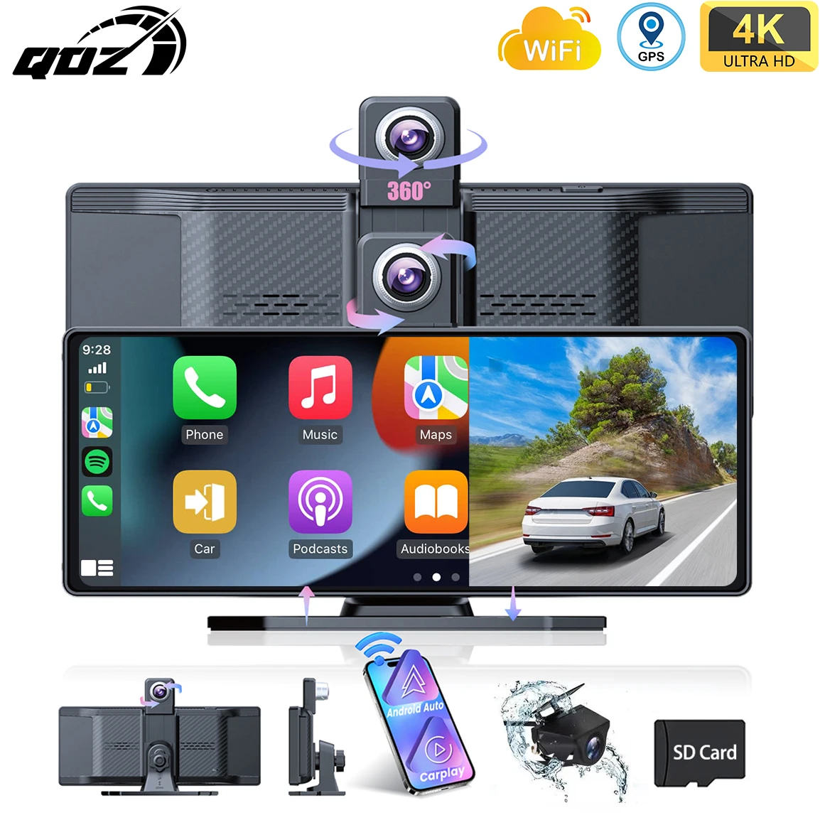 

QOZ 10.26" Car Intelligent Screen with 4K 360° Rotation Dash Cam Wireless CarPlay & Android Auto AUX FM Bluetooth WIFI