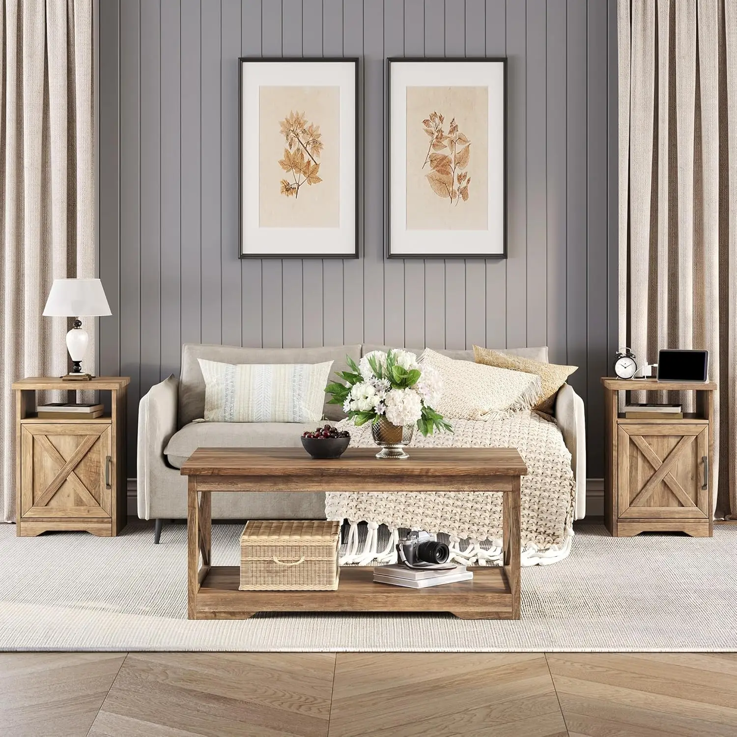 커피 테이블 3피스 팜하우스 거실 테이블 세트, 커피 테이블 1개, 충전 스테이션 및 USB 포트가 있는 엔드 테이블 2개 포함