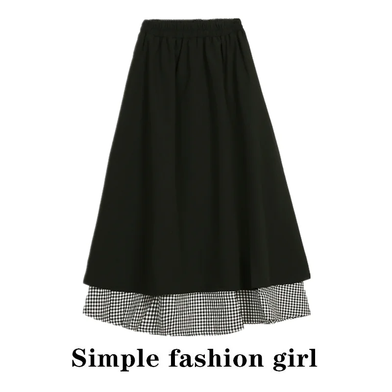 

Bla Plaid Splicing A-Line Skirt Slimming Spring Summer New Arrival Sweet Sle Pleated mid Waist Midi Skirt