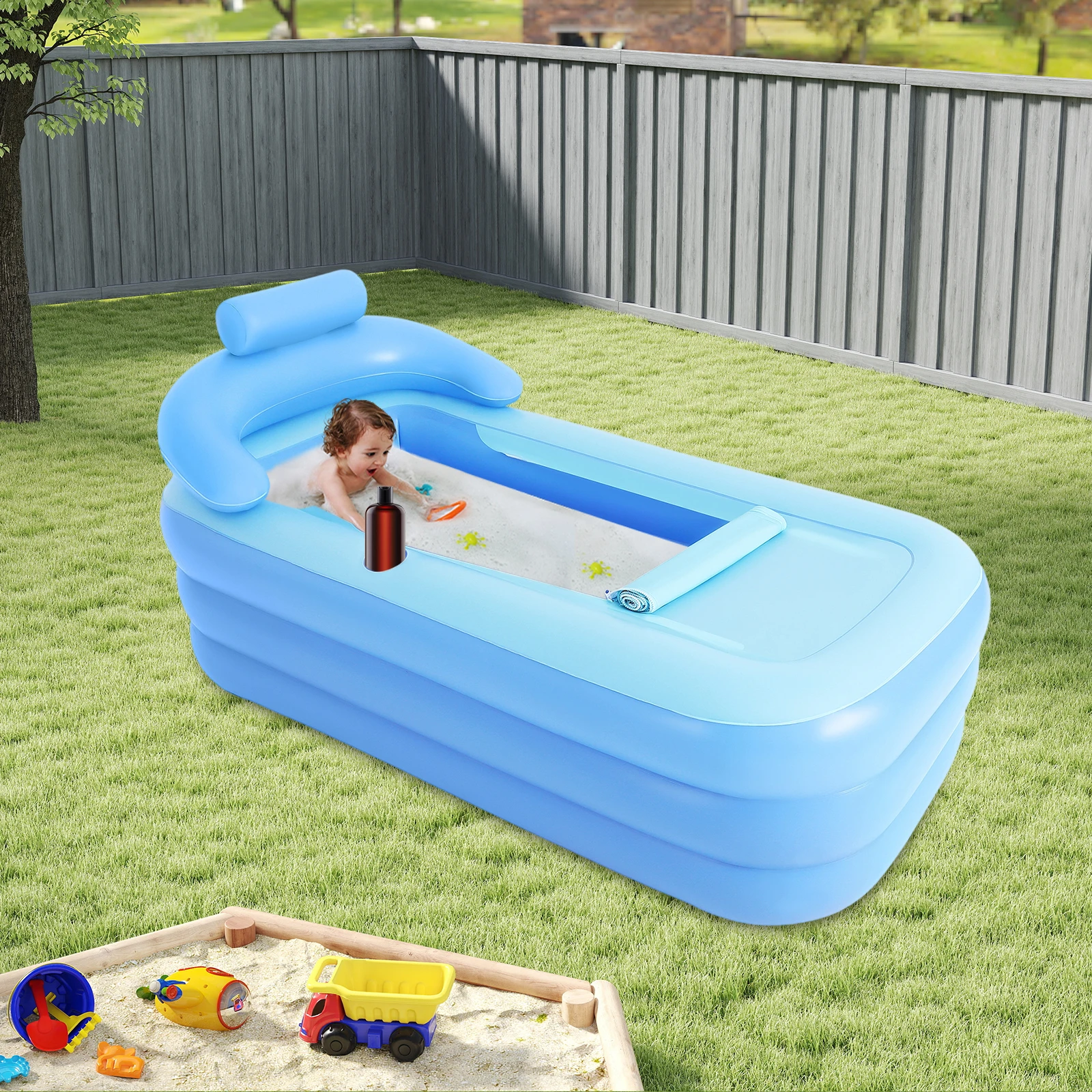 Bañera de hidromasaje plegable portátil para exteriores, bañera con cojín de asiento, piscina inflable de PVC para adultos y niños