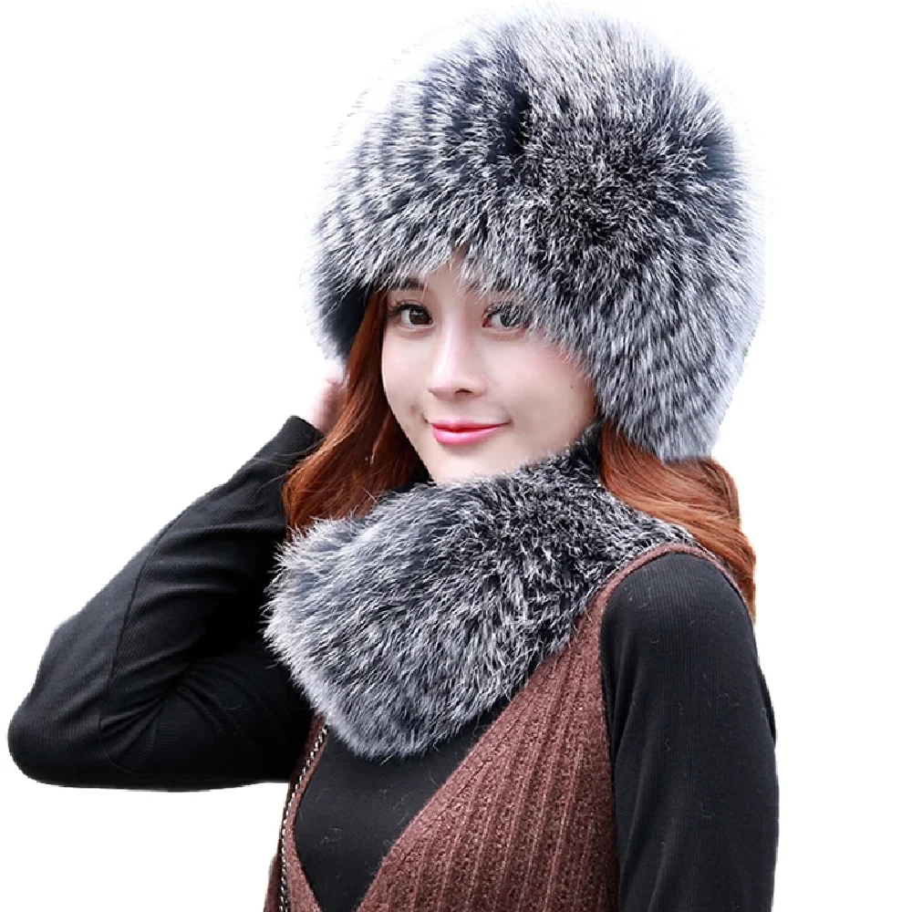 Women Real Fox Fur Scarf Hat Set Female Winter Warm Beanie Cap Neckerchief For Lady Handmade Fluffy Soft