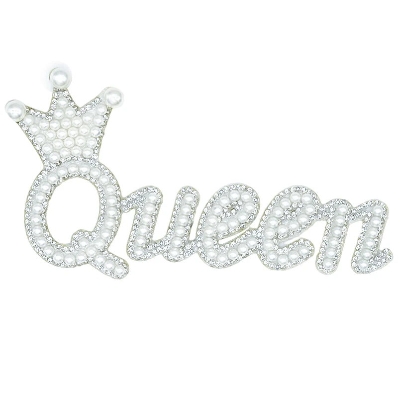 1pc Pearl Queen Patches Clothes Rhinestone Applique Patch Crystal Pearl Letter Patches