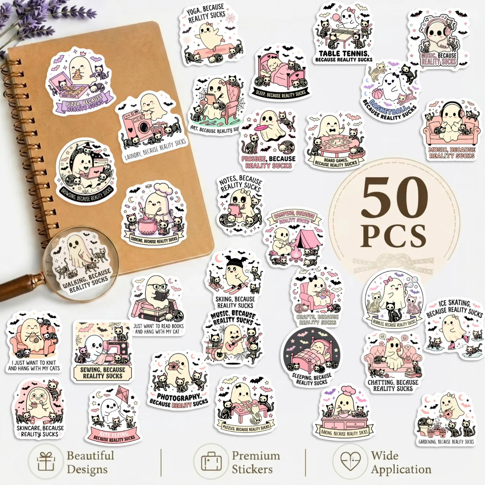 50PCS Funny Halloween Ghost Kitten Doodle Stickers, Stylish Decorative Stickers for Laptop Notebook Stationery DIY Toys