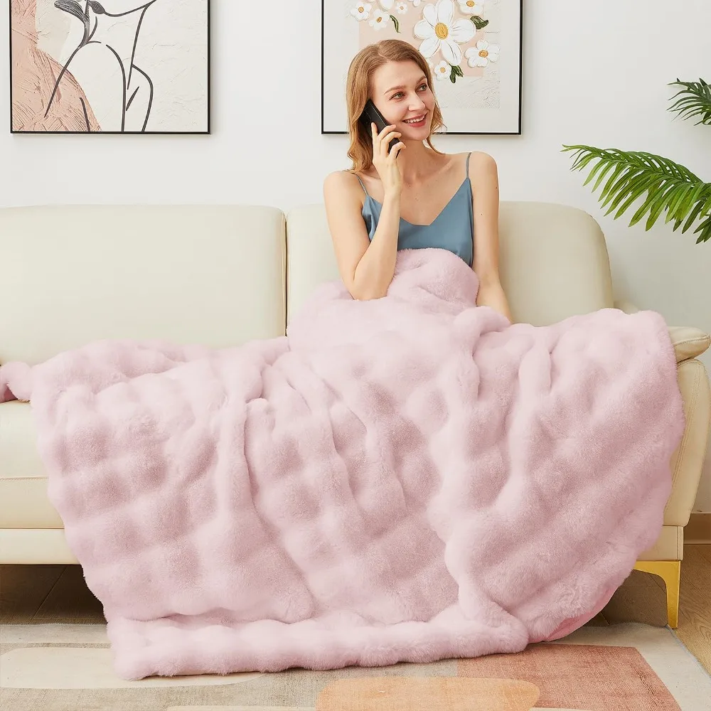 Double Sided Thickened Warm Soft Faux Rabbit Fur Bubble Plush Blanket Tuscany Style for Office Nap Sofa Throw Bedroom Decor Home