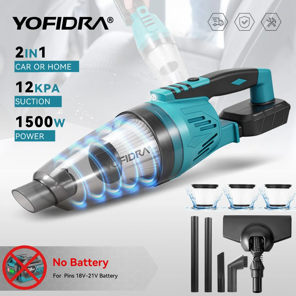 YOFIDRA 1500 واط 12KPA مكنسة كهربائية كهربائية 2IN1 مكنسة كهربائية لاسلكية أدوات تنظيف السيارة المنزلية مع 3 قطعة تصفية ل دبوس بطارية ماكيتا