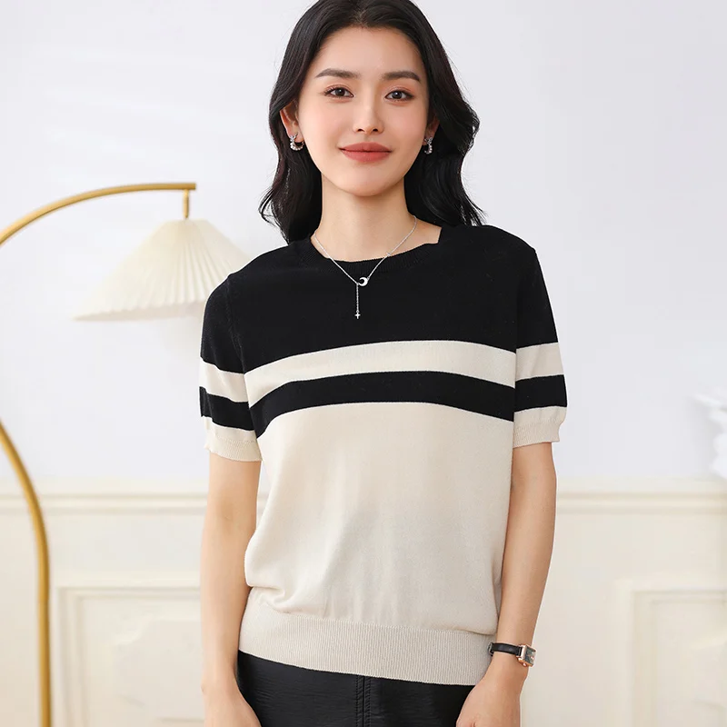 

Новая женская футболка из 100% хлопка с коротким рукавом, в полоску, с цветовыми блоками, свободного кроя, вязаный топ, коллекция Весна/Лето 2026