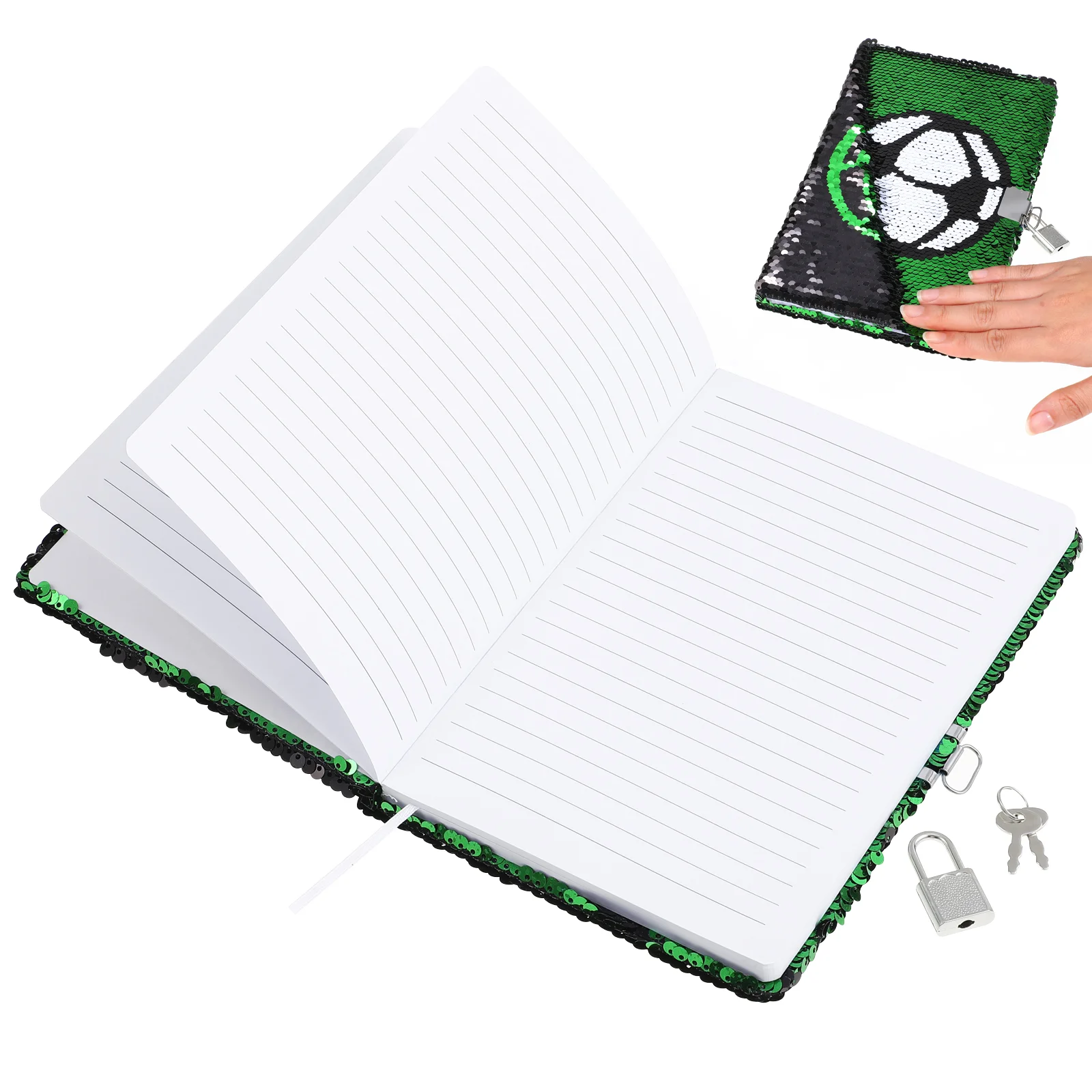 Football Pattern Sequin Journal Notebook Writing Notebook Planner Personal Diary Organizer with Lock (Green)