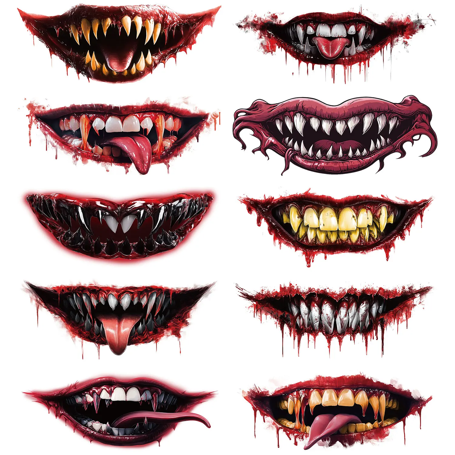 10 Halloween Temporary Mouth Tattoos, Realistic Scary Red Monster Mouth Fake Tattoo Stickers, Suitable for Halloween Parties, Masquerades, Pranks, and Role-Playing