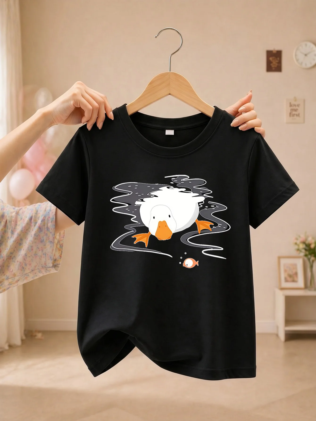 Boys Girls Family Matching Tee Cartoon Duck Swimming With Fish Art Print Short Sleeve Soft Cotton Kids Daily Casual Outfit