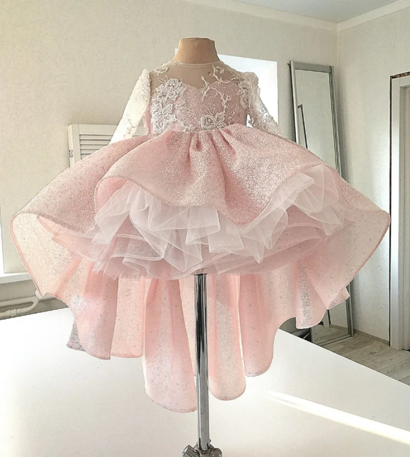 Robes moelleuses hautes et basses pour filles, col transparent, train long à plusieurs niveaux, robe de fête d'anniversaire pour enfants, robe de Noël, photographie