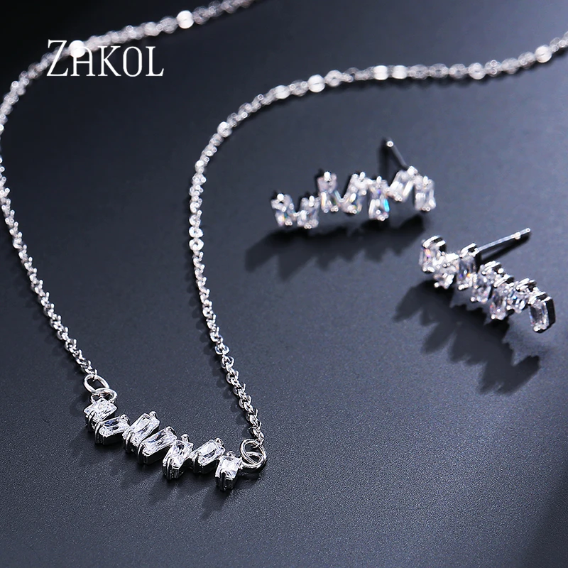 ZAKOL New Arrival European Style Jewelry Sets Earrings Charms Women Jewelry Rectangle Cubic Zircon Cluster Pendants Earrings