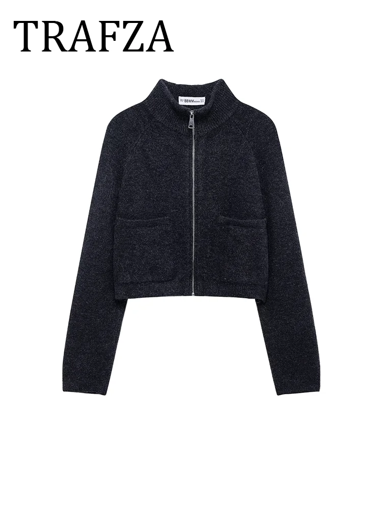 

TRAFZA Women Soft Knit Cardigan High Collar Long Sleeve Zip Sweater Jacket Coat For Women Simple Comfortable Outerwears Top