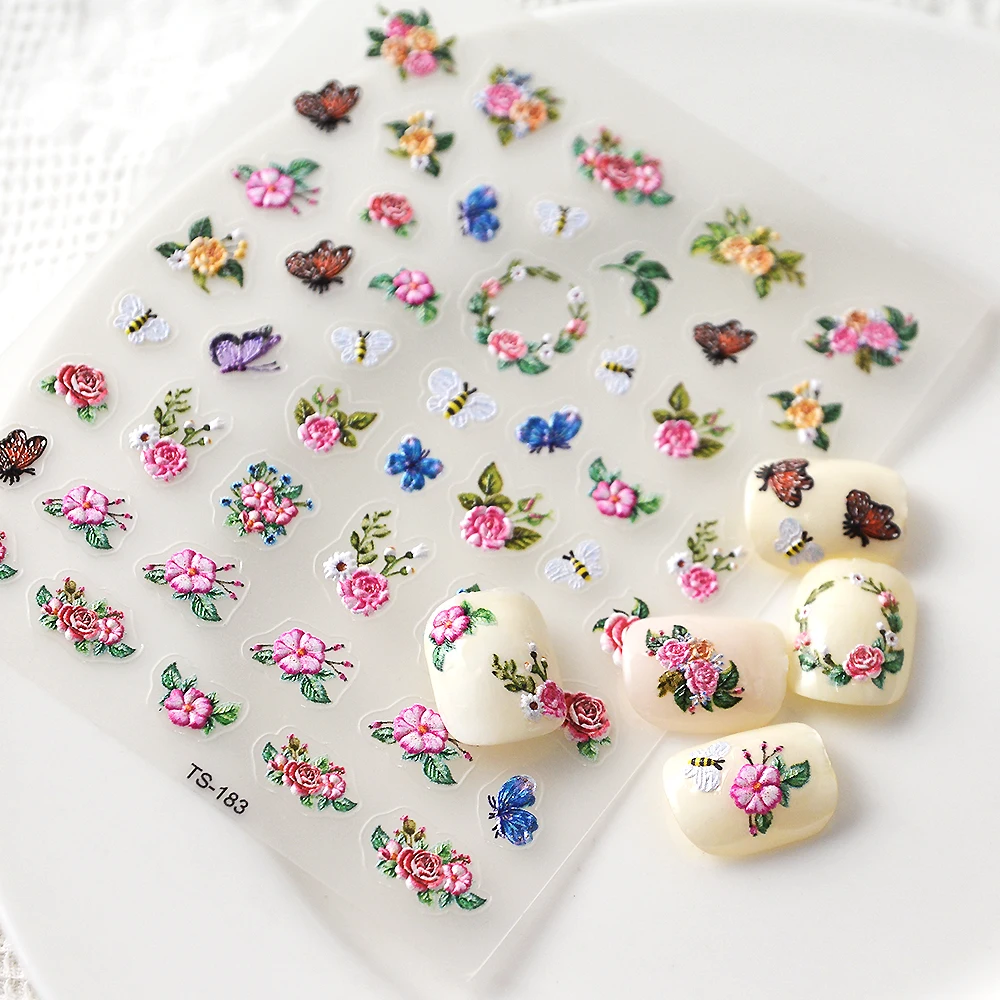 Pegatinas de flores y mariposas para uñas de mujer, decoración de uñas, calcomanías deslizantes para puntas de manicura, 5D