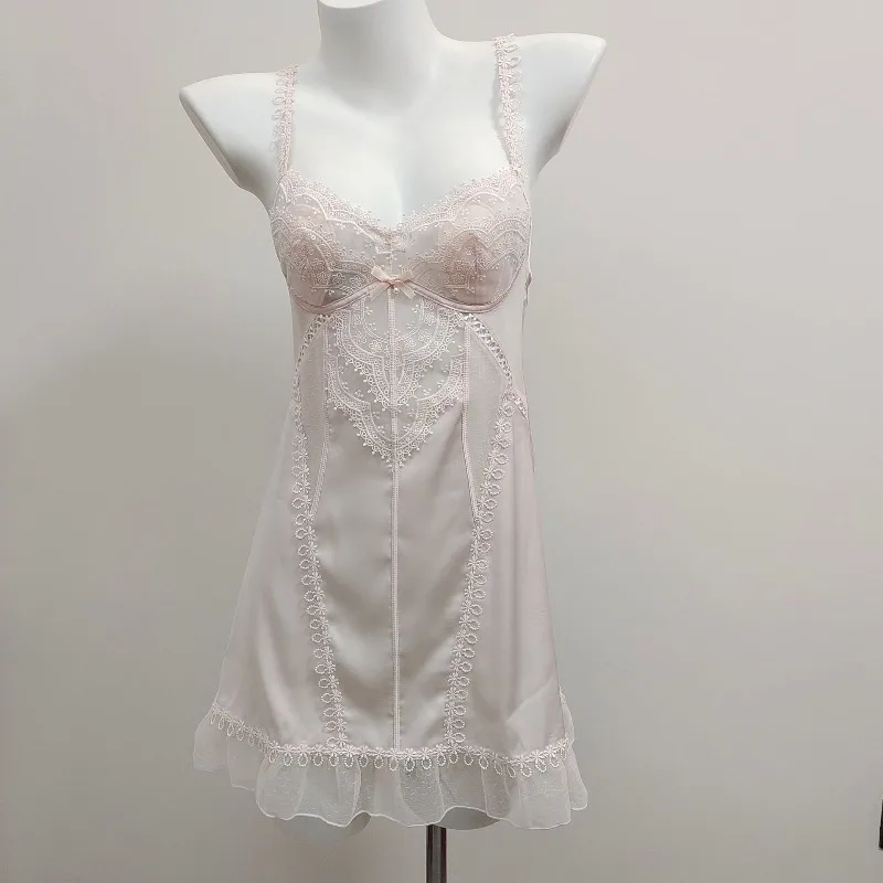 

Французские ночные сорочки с кружевной вышивкой, сексуальное женское белье, пижамы, женская одежда для сна из ледяного шелка с подкладкой на груди, ночная рубашка для женщин