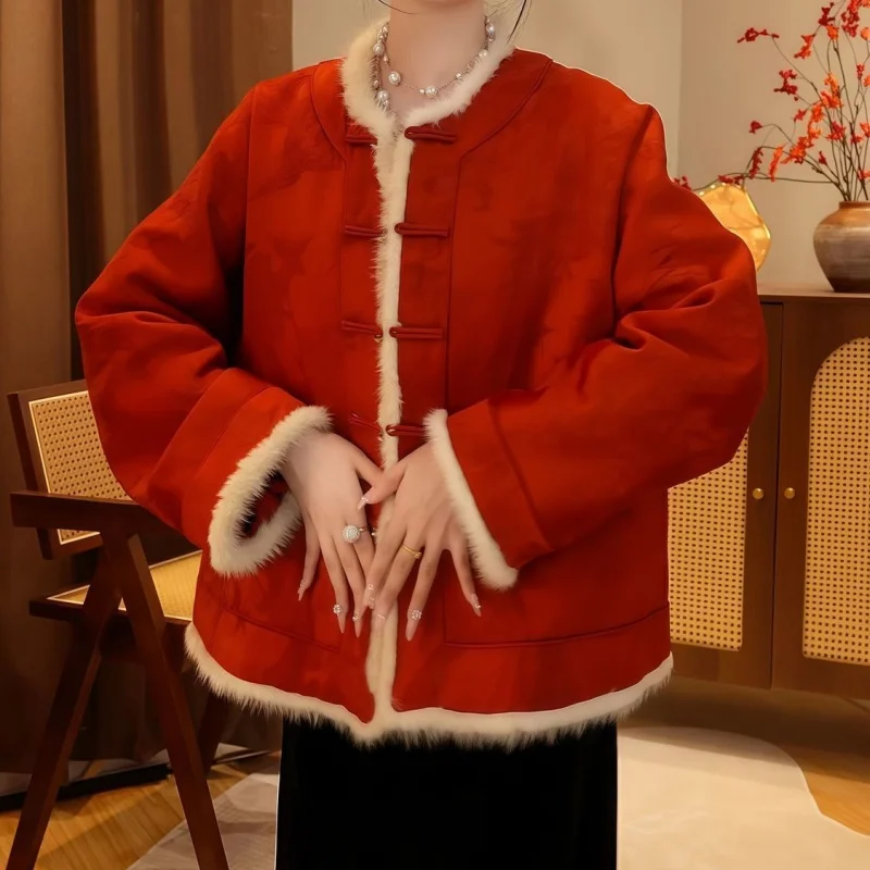 

Chinese Style O-neck Splicing Fur Coat Women Autumn Winter New Vintage Cotton Jacket Soft Single Breasted female Outerwears