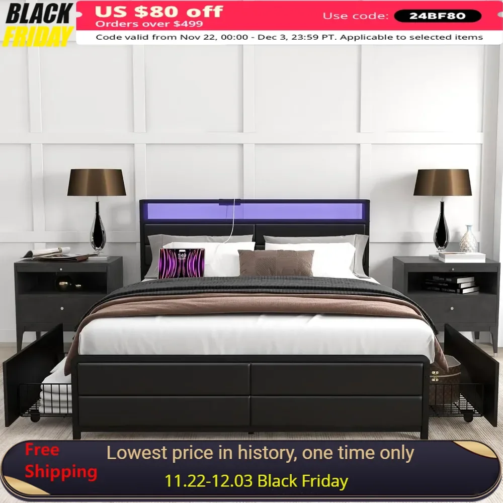 Queen Size Bed Frame with 4 Storage Drawers and Charging Station, LED Lights, Strong Metal Slats Support, Bed Frame