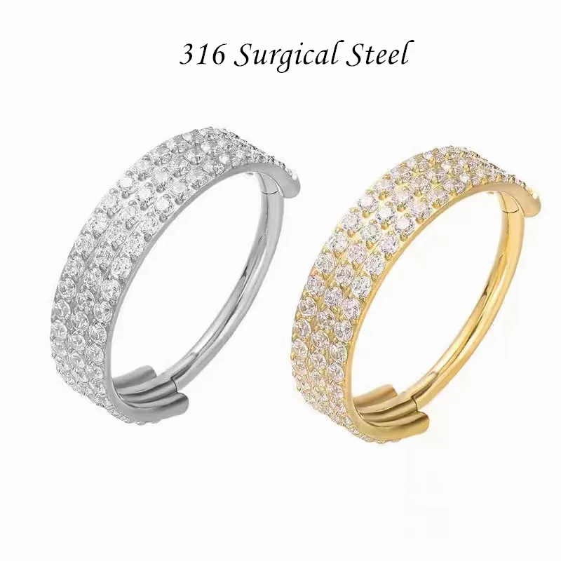 10pcs Surgical Steel Three Rows CZ Nose Seamless Hinged Segment Septum Clicker Ear Rook Helix Cartilage Nose Hoop Ring Piercing