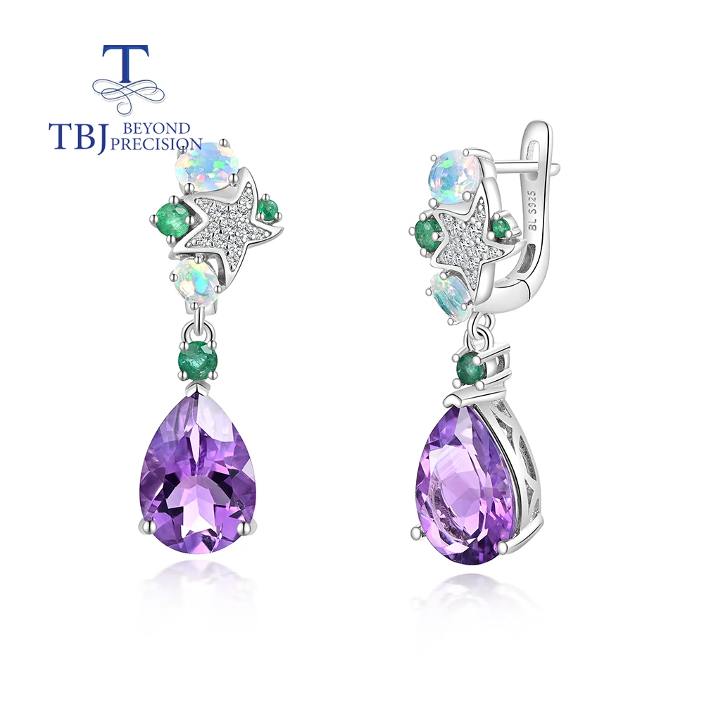 

Luxury Clasp Drop Earring Natural Precious Opal,Emerald & Amethyst Gems Silver jewelry for Women Anniversary & Parties wear gift