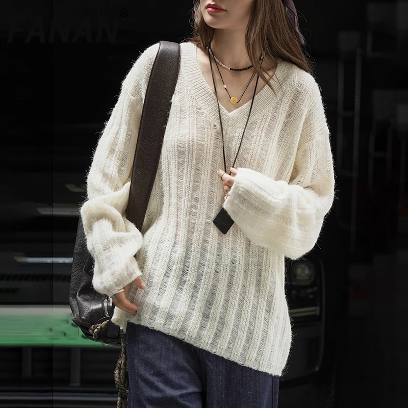 

FANAN корейский стиль вязаный ажурный свитер для женщин с v-образным вырезом и длинным рукавом повседневные свободные топы модная одежда 2023 осень новинка