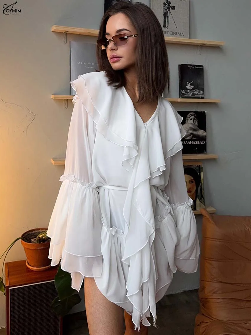 

Oymimi Casual White V-Neck Womens Dresses Fashion Ruffled Long Sleeve Lace-Up Dresses Elegant Loose Pleated Mini Dress Female