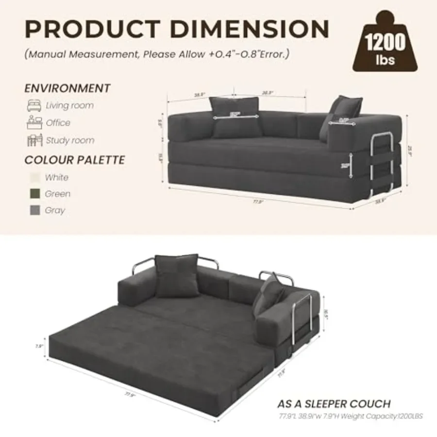 78 5-in-1 Convertible Futon Sofa Bed for living room, boneless corduroy fabric, beige, reversible cushions with high-resilience