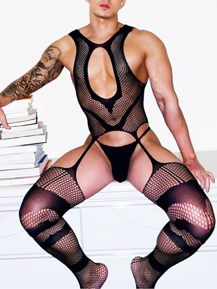 CLEVER-MENMODE Fetisch Dessous Männer sexy Fisch netz Overall Strumpfhosen Strümpfe Cross dress Hosenträger Strumpfband Gürtel Höschen Schritt los
