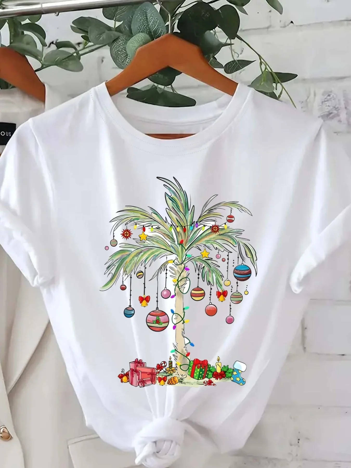

Женская праздничная футболка с рисунком рождественской пальмы, повседневный топ с круглым вырезом и короткими рукавами, 95% полиэстер 5% эластан, трикотажная ткань