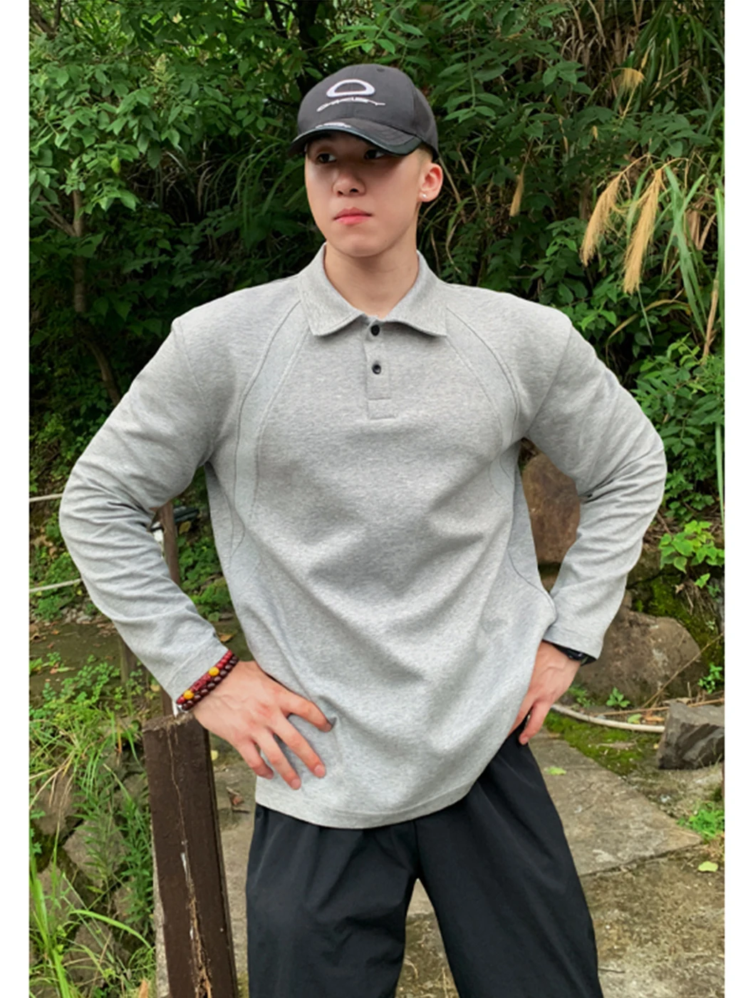 

Light Grey Deconstructed Patchwork Henry Collar Men's Heavyweight Long Sleeve Shirt American Boxy Style Polyester Fiber