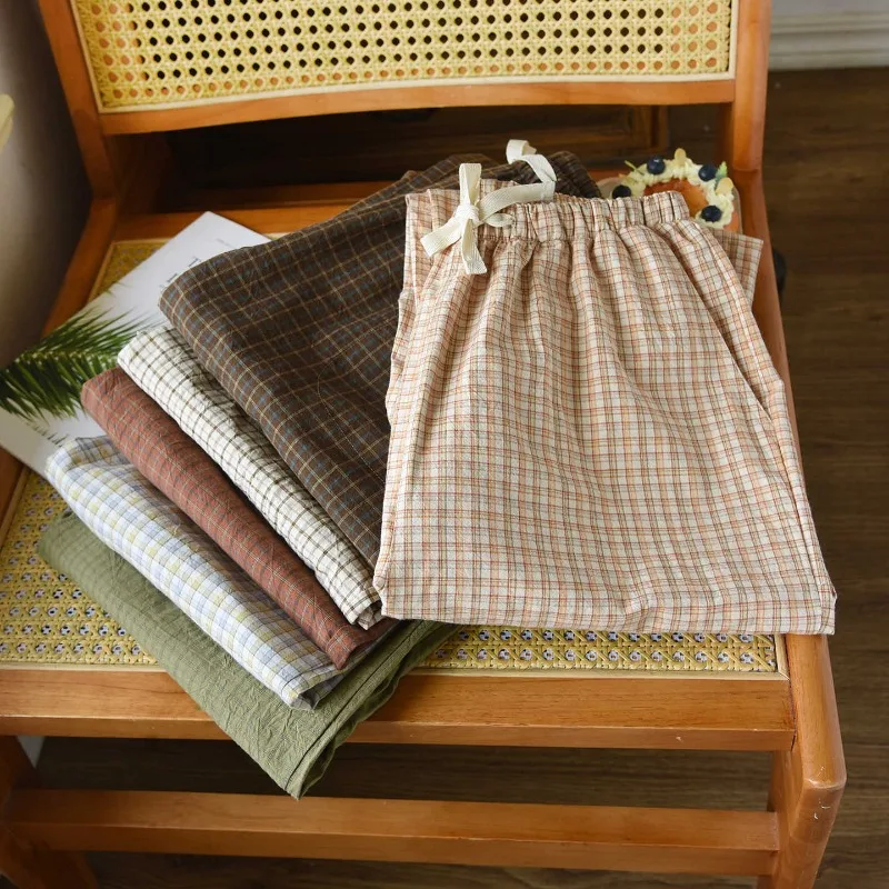 Washed Cotton Plaid Lounge & Sleep Pants. Lightweight Ultra-Soft Breathable for Summer & AC Comfort Casual Home Wear