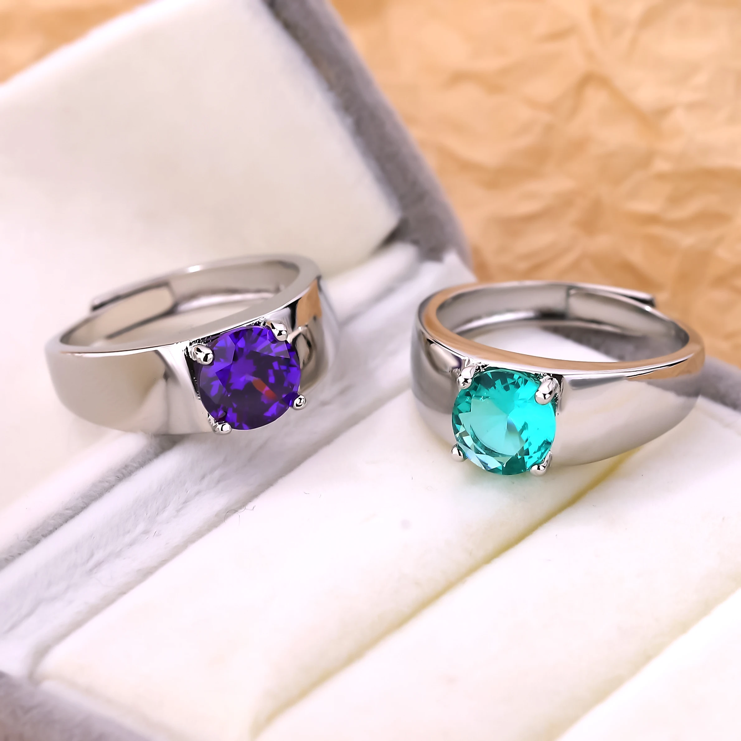 Trendy Punk Cubic Zirconia Rings Round Cut Violet Purple Teal Adjustable Ring For Men Women Unisex Party Fshion Jewelry Gift