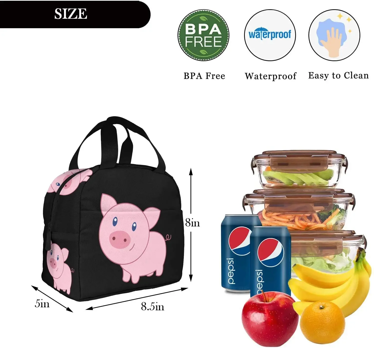 Cute Cartoon Pig Lunch Bags for Women Men Insulated Lunch Box Bento Tote Bag with Front Pocket for Office School Picnic