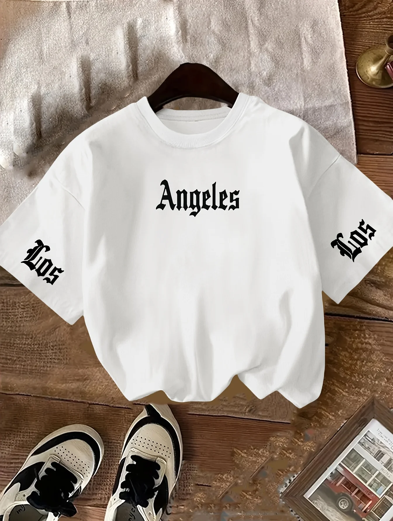 Girls Pure Cotton Short-sleeved Summer Children's Round Neck LOS ANGEL Summer Children's Casual T-shirt Shirt Girls' Fashion Top