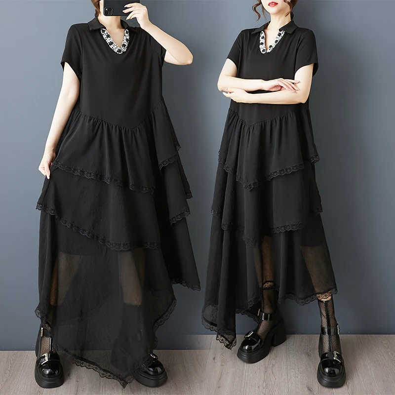 

Ele Summer New Loose k Design V-Ne Асимметричный шифон Сращивание Dr Sli Трапеция Полиэстер Смесь хлопка Dr