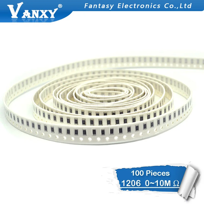 Résistance SMD 100 0R ~ 10M 1/2W 0 1 10 1206 100 150 220 ohm 1K 330 K 10K 2.2K 0R 1R 10R 100R 150R 220R 330R, 100 pièces