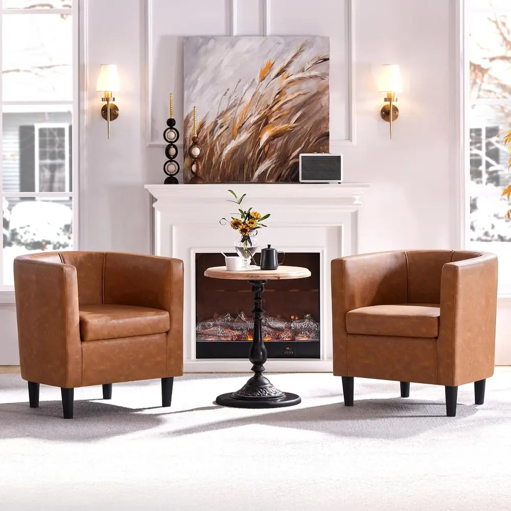 arrel Accent Chairs t o 2, ern Armchairs, rown | aux Leather Chair with High-Density oam at, Upholstered arrel Soa Chair or Livi