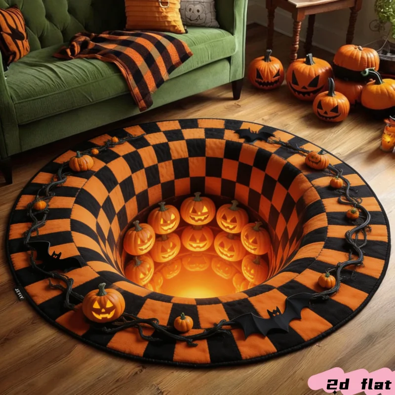 Runder Halloween-Kürbis-Teppich mit 2D-Illusion und Steinkunst-Grafikdesign für Wohnzimmer, Schlafzimmer und Heimdekoration – Detail 5