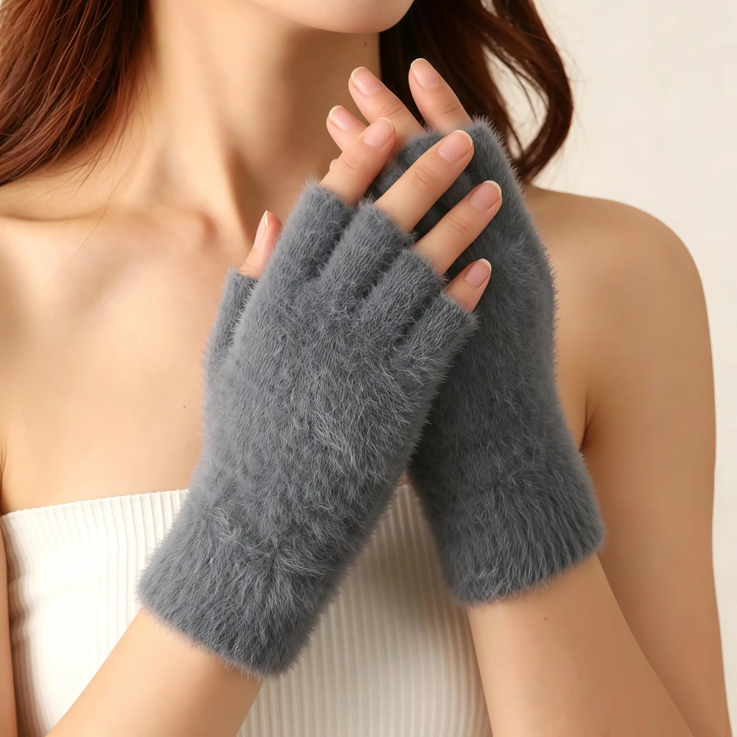Plush Gloves for Women Winter Warm Knitted Soft Elastic Gloves Student Writing Typing Fuzzy Driving Two-Fingerless Leisure Glove