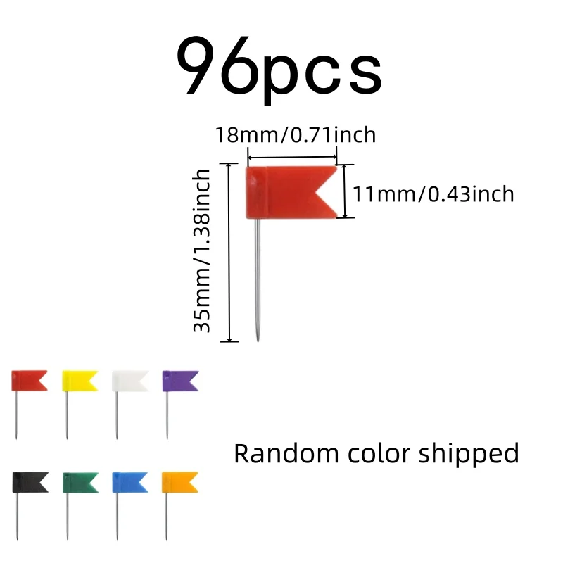 96 pcs Flag Shaped Thumb Tacks Sharp Pin Point, designed for Office Bulletin Board, Random Color Flag Design