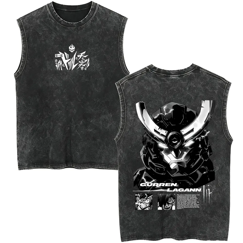 Anime Tengen Toppa Gurren Lagann Kamina Simon Vintage Washed Tank Tops Men Women Manga Casual Oversized Sleeveless Vest T-shirts