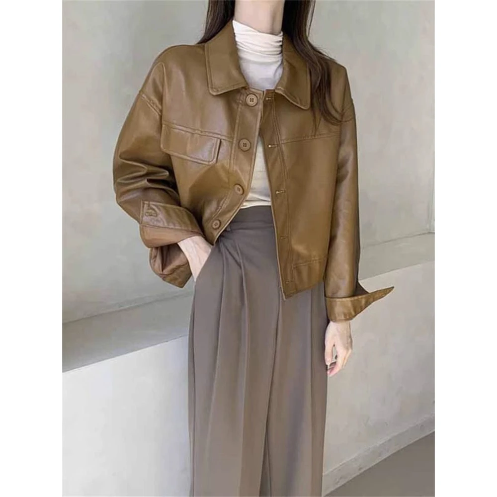 Women's Biker Style Loose Long Sleeve Leather Jacket Spring Autumn Korean Version Short Size Small High End Feeling Coat