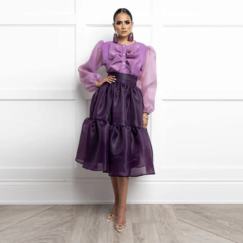 

Purple Organza Skirts High Waist Skirts For Lady To Birthday Party Maxi Skirt Ruffles Tea Length Skirt Saias