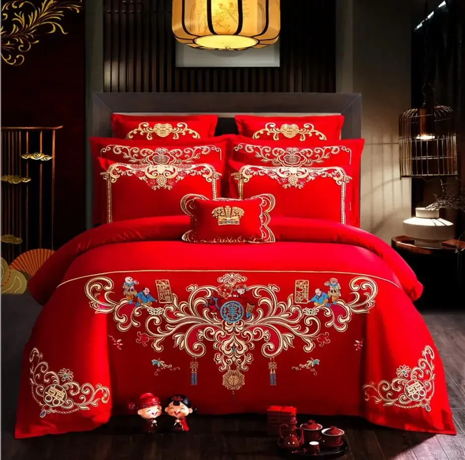 Golden Dragon Phoenix Embroidered 100% Cotton Bedding Set Luxury Chinese Royal Wedding Red Duvet Cover Bed Sheet Pillowcases