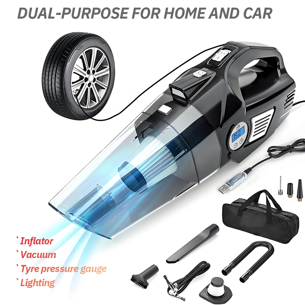 120W Car Vacuum Cleaner with Digital Tire Pressure Gauge Multi-function Home Car Dual Use Vacuum High Suction Car Vacuum