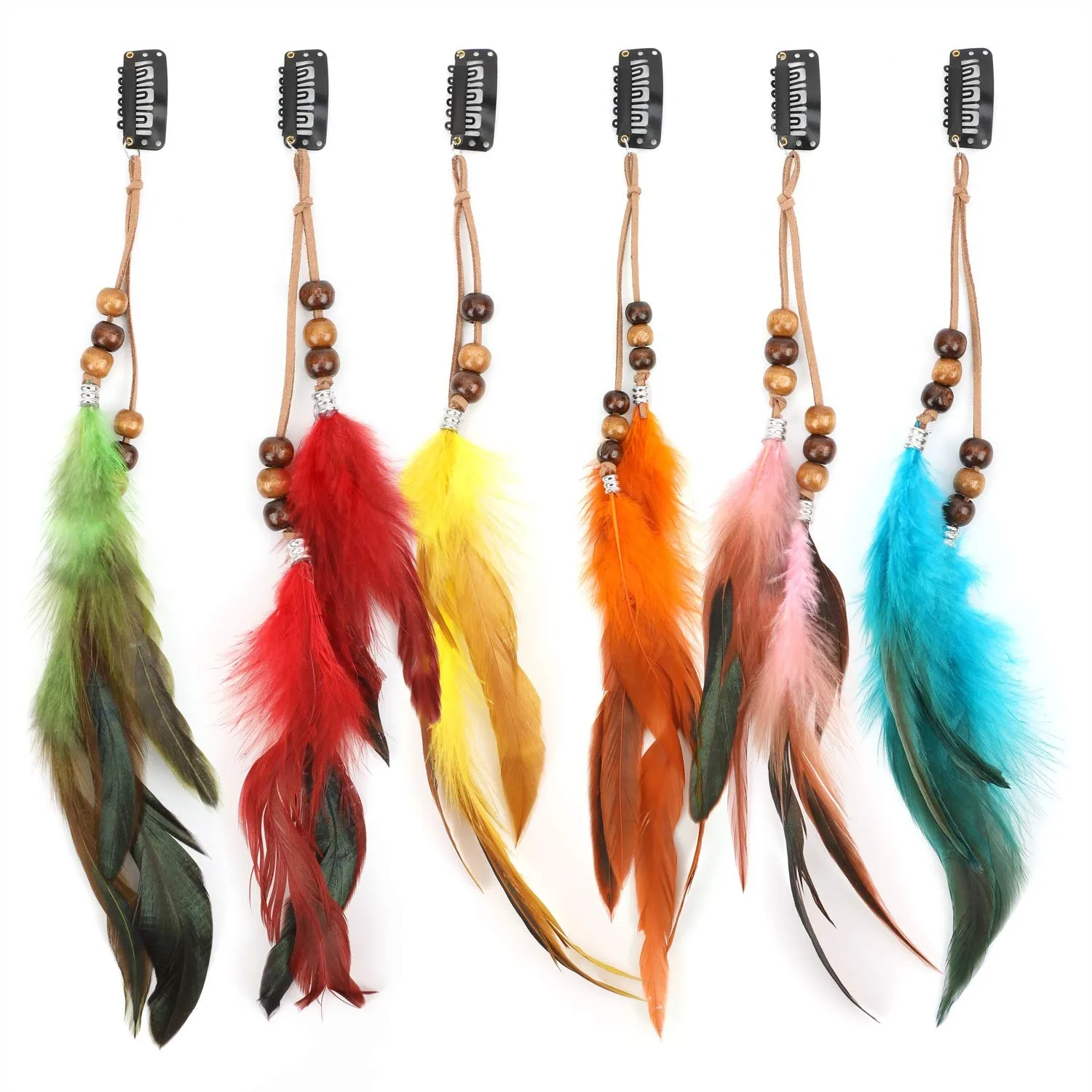 

6Pcs Feather Hair Clips Handmade Boho Hair Extensions With Clip Comb Bohemian Hippie Hairpin Festival Headwear Cosplay Accessories Beads Styles
